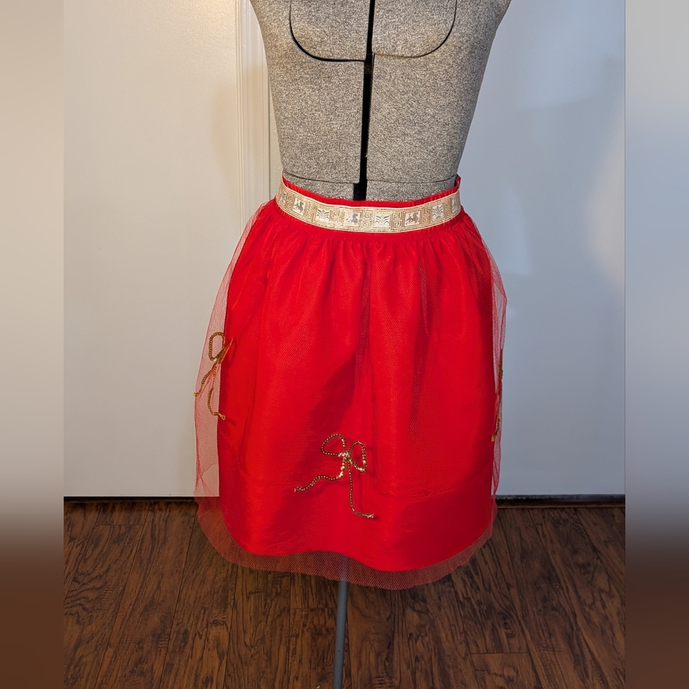 Vintage Christmas Red Half Hostess Apron With Sheer Overlay And Gold Sequin Bows